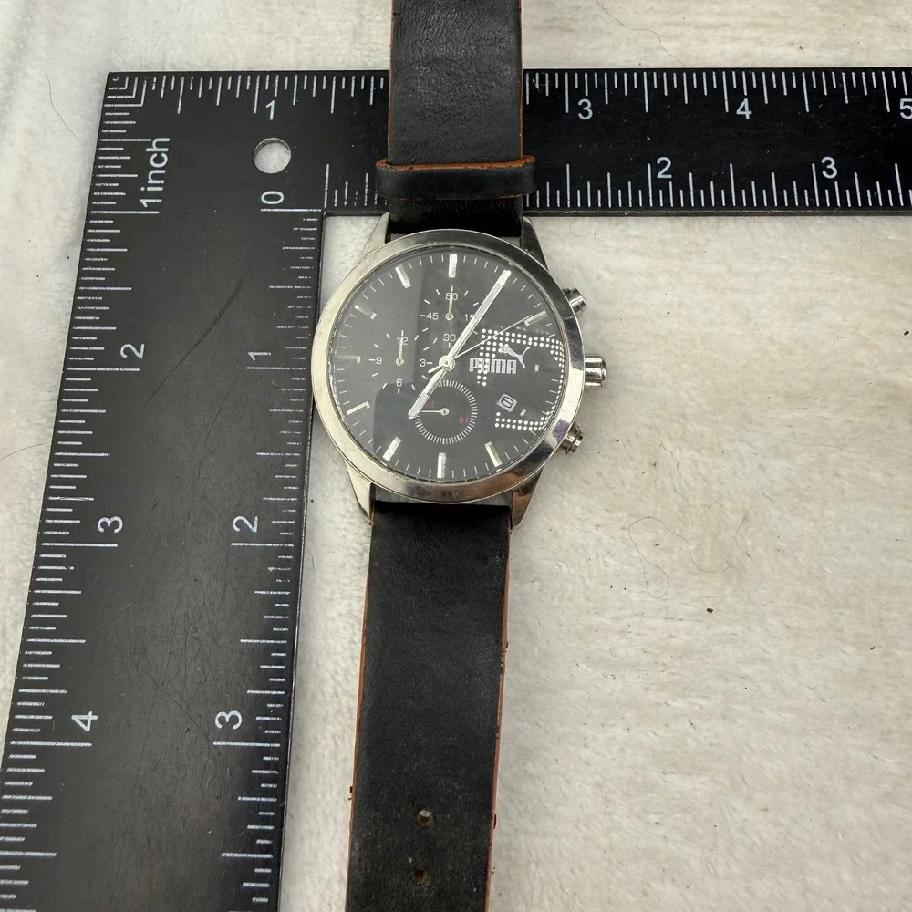 Puma Chronograph Watch Black Silver Leather Strap Date Sport Mens 7.5in